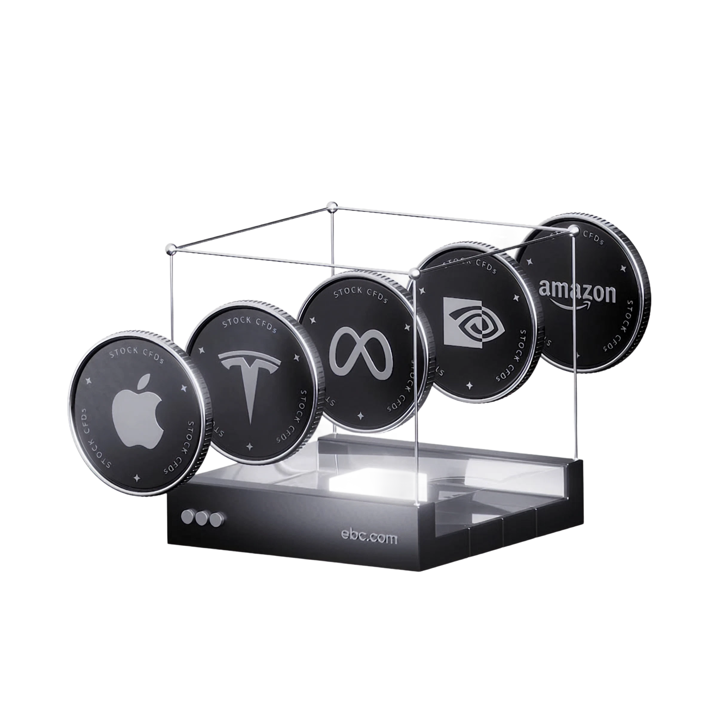 Discs with Apple, Tesla, Meta, Nvidia and Amazon logos hanging over a market display